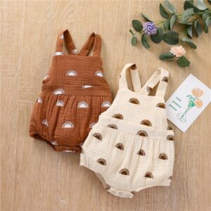 Newborn Kids Boys Girls Sun Print Cotton Linen Suspender Bodysuit
