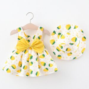 Kids Girls Print Strawberry Pineapple Bow Hat Dress