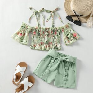 Kids Girls Sweet Off-the-shoulder Flower Pattern Short Sleeve Elastic Top And Shorts Set