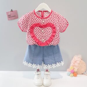 Kids Girls Heart Short Sleeve Cardigan Top Side Shorts Two Piece Set