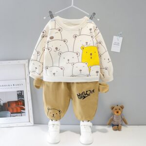 Kids Fleece Cartoon Bear Top And Pants Two-Piece Suit