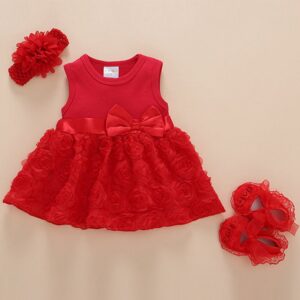 Children's Girls Floral Solid Color Bow Tiara Shoes Dress Set