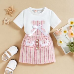 Kids Girls Basic Bear Bow Round Neck Short Sleeve Short-sleeved T-Shirt And Plaid Fake Pocket Skirt Set