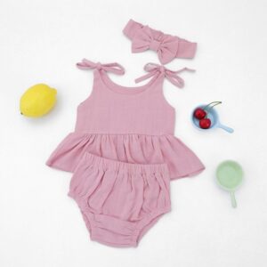 Baby Girls Simple Solid Color Round Neck Sleeveless Top And Elastic Waist With Headband Set