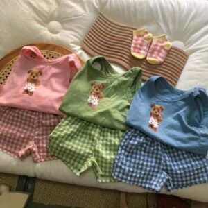 Baby Casual Cartoon Pattern Round Neck Short Sleeve Veat And Elastic Waist Plaid Shorts Set