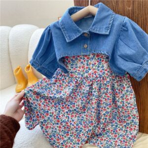 Kids Girls Pastoral Lapel Short Sleeve Denim Cape Coat And Floral All Over Print Slip Dress Two-piece Set