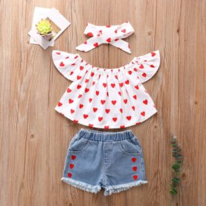 Kids Girls Basic Heart Off-the-shoulder Top And Elastic Waist Denim Shorts With Headband Set