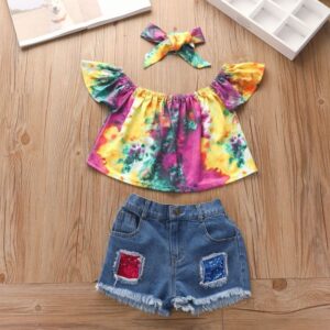 Kids Girls Basic Tie-dye Off-the-shoulder Top And Elastic Waist Hole Design Denim Shorts Set