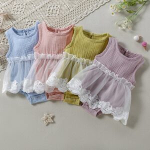 Baby Girls Sweet Solid Color Lace Lace Design Round Neck Sleeveless Romper