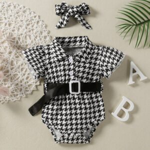 Baby Girls Casual Houndstooth All Over Print Lapel Short Sleeve Romper And Belt With Headband Set