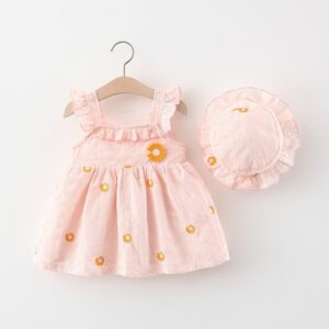 Kids Girls Basic Daisy Embroidered Ruffled Sleeveless Dress With Hat Set