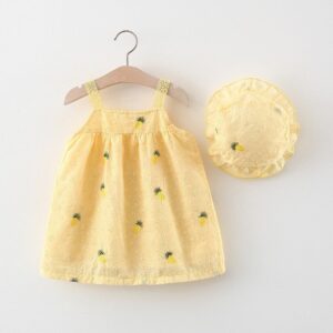 Kids Girls Cute Cartoon Pineapple Embroidery Sleeveless Dress With Hat Set