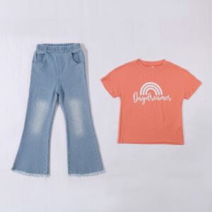 Kids Girls Casual Round Neck Short Sleeve Rainbow Print T-Shirt And Washed Jeans Flared Pants Two-piece Set