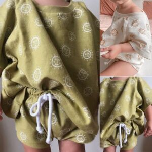 Kids Casual Round Neck Short-sleeved Sun Smile All Over Print Elastic Waist Two-piece Set