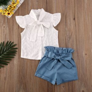 Kids Girls Basic Bow Ruffled Sleeve Hollow Out Single-breasted Blouse And Elastic Solid Color Shorts Set