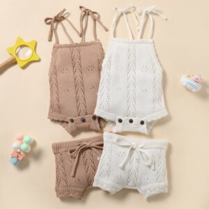 Kids Baby Girls Solid Lace-Up Knitted Backless Bodysuit And Drawstring Shorts Sets