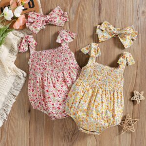 Lovely Infant Baby Girls Toddler Kids Girls Sleeveless Lace-Up Floral Bodysuit Headband