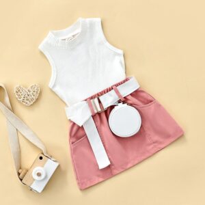 Kids Girls Casual Solid Color Sleeveless Tank Tops And Pocket Mini Skirt With Fanny Pack Set
