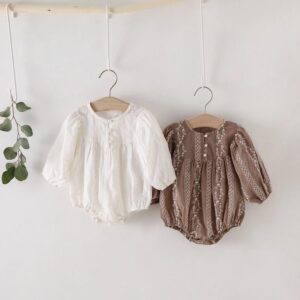 Baby Girls Sweet Floral Embroidery Round Neck Long Sleeve Romper