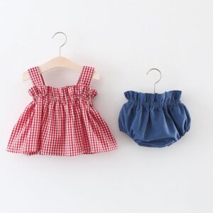 Summer Suit Kids Girls Plaid Suspender Pants Flow TwoPiece Set