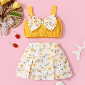 Kids Girls Basic Bow Knot Sling Top And Floral All Over Print Skirt Two-piece Set