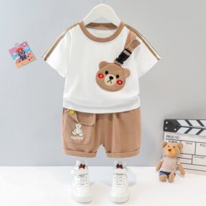 Baby Cute Cartoon Bear Pattern Round Neck Short Sleeve Stripe Loose T-Shirt And Elastic Shorts Set
