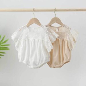 Baby Girls Sweet Lace Short-sleeved Solid Color Romper