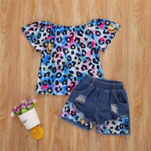 Kids Girls Casual Tie Dye Leopard Colorful Short Sleeve T-Shirt And Ripped Hole Denim Shorts Set