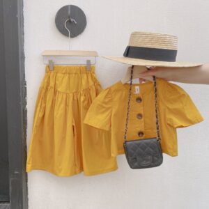 Kids Girls Casual Single-breasted Puff Sleeve Solid Color Top And Elastic Wide-leg Pants