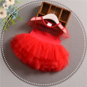 Baby Girls Cute Solid Color Mesh Round Neck Spliced Fluffy Dress