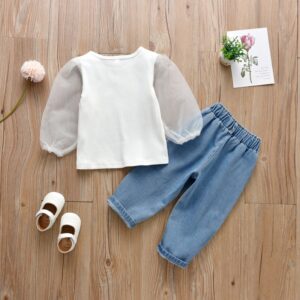 Kids Girls Casual Mesh Long Puff Sleeve Knit Top And Elastic Denim Pants Set