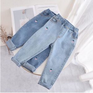 Kids Girls Cute Cartoon Strawberry Embroidery Loose Denim Pants
