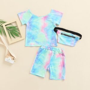 Kids Casual Tie-dye Round Neck Short Sleeve Loose T-Shirt And Elastic Shorts With Waist Bag Set