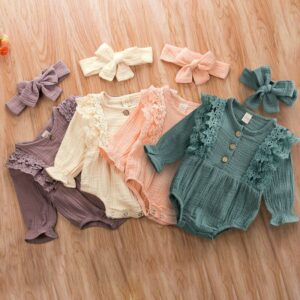 Baby Girls Simple Solid Color Round Neck Long Sleeve Lace Design Casual Romper With Headband