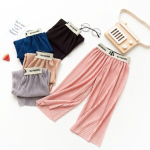 Kids Girls Casual Solid Color Loose Elastic Pleated Wide Leg Pants