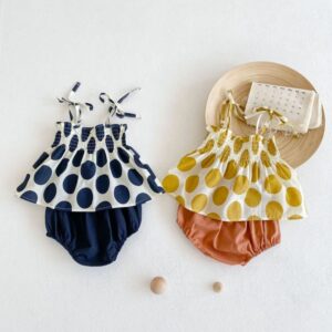 Baby Girls Basic Polka Dot Elastic Suspender Top And Shorts Two-piece Set