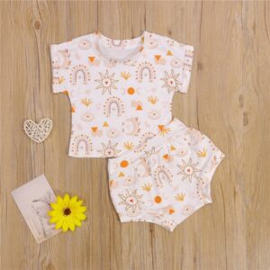 Kids Casual Round Neck Short Sleeve Cartoon All Over Print Loose T-Shirt And Elastic Shorts Set