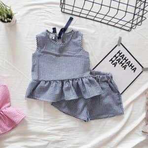 Kids Girls Casual Plaid Round Neck Sleeveless Top And Shorts Set