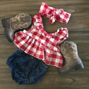 Baby Girls Basic Stringy Selvedge Plaid Sleeveless Ruffled T-Shirt And Denim Shorts With Headband Three-piece Set