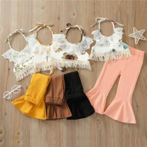 Kids Girls Ethnic Floral Print Sleeveless Cropped Tassels Lace Ruffled Top And Solid Color Flared Pants Set