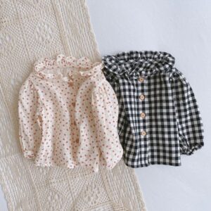 Baby Girls Basic Floral Plaid All Over Print Long-sleeved Single-breasted Stringy Selvedge Design Blouse