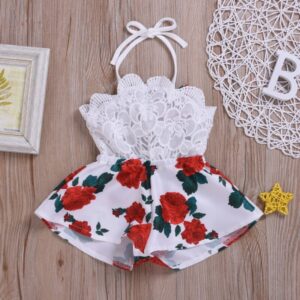 Baby Girls Sweet Sleeveless Lace Backless Flower Print Strap Romper