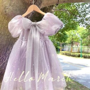 Kids Girls Sweet Solid Color Star Paillette Square Neck Puff Sleeve Gauze Dress