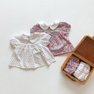 Baby Girls Cute Doll Collar Short-sleeved Floral All Over Print T-Shirt And Elastic Shorts Two-piece Set