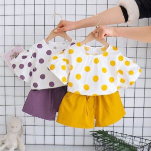 Baby Girls Casual Round Neck Short Sleeve Polka Dot T-Shirt And Elastic Shorts Set