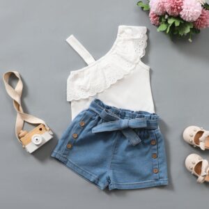 Kids Girls Basic Solid Color Single Shoulder Strap Sleeveless Ruffled Lace Top And Denim Shorts Two-piece Set