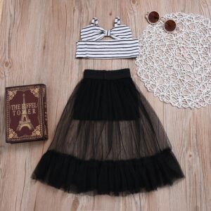 Kids Girls Basic Striped Sleeveless Bow Crop Top And Mesh Skirt Set