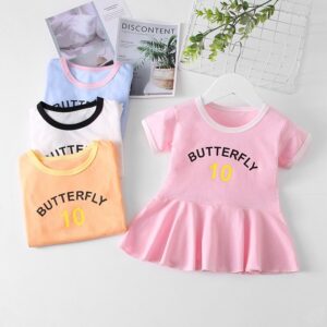 Kids Girls Sporty Round Neck Short Sleeve Letter Pattern Pleated Dress