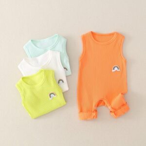 Baby Basic Solor Color Round Neck Sleeveless Rainbow Design Romper