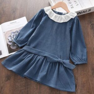 Kids Girls Lace Round Neck Long Sleeve Ruffled Loose Dress